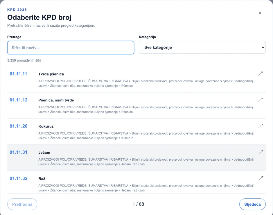 KPD šifrarnik u aplikaciji s pretragom, kategorijama i opisima oznaka